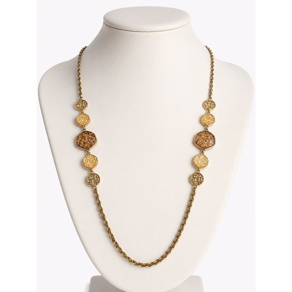 Vintage Sarah Coventry Shari Amber Yellow Enamel Station Long Rope Chain Necklac